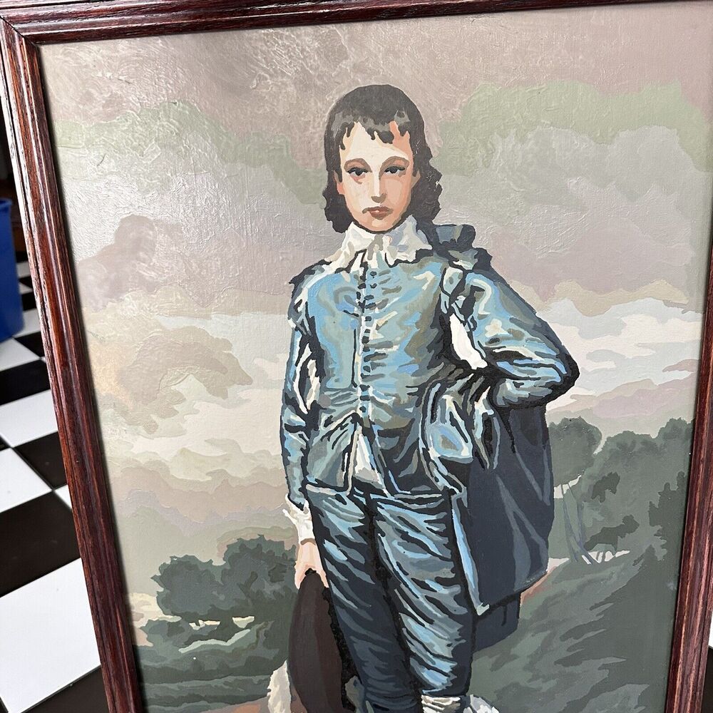 Vintage XL Paint by Numbers Blue Boy 29.5” X 19.5” Framed MCM Wall Art Kitsch - Picture 8 of 8